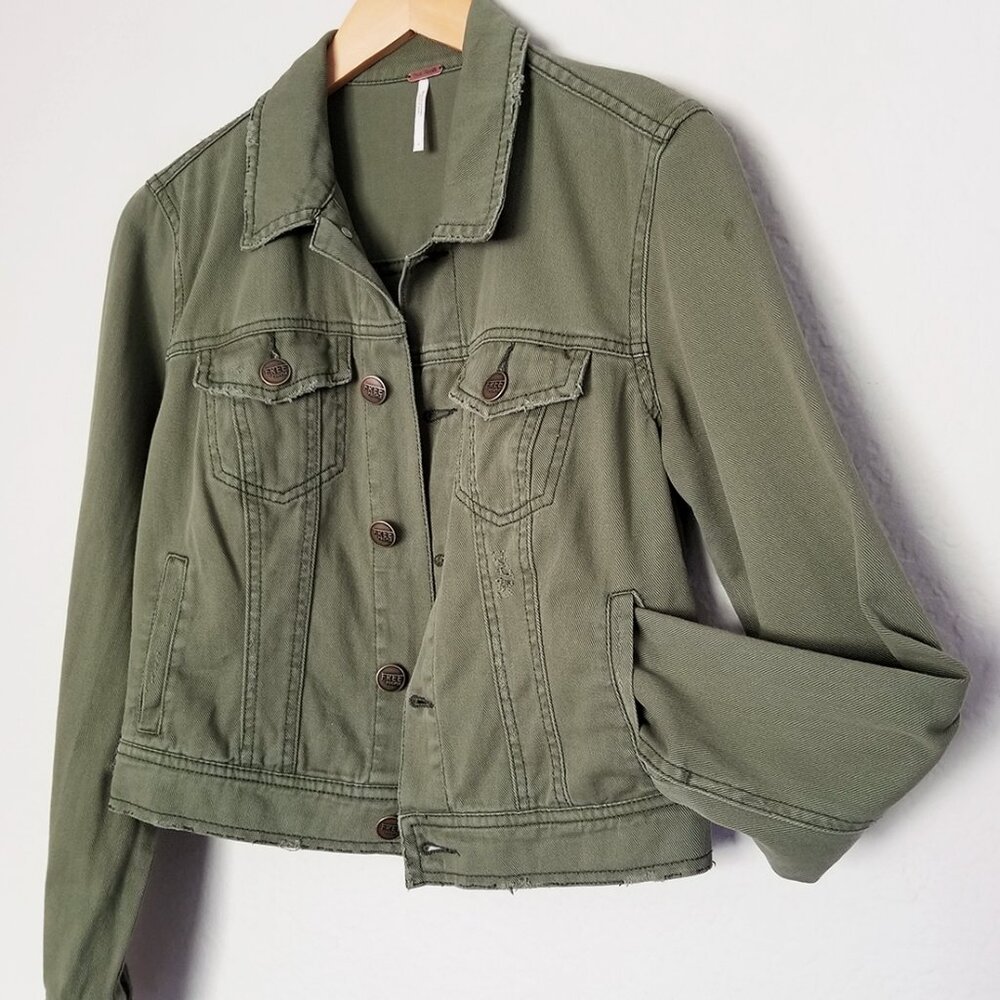 Free People Olive Army Green Distressed Crop Denim Jacket Size 4 100% Cotton - Picture 8 of 15